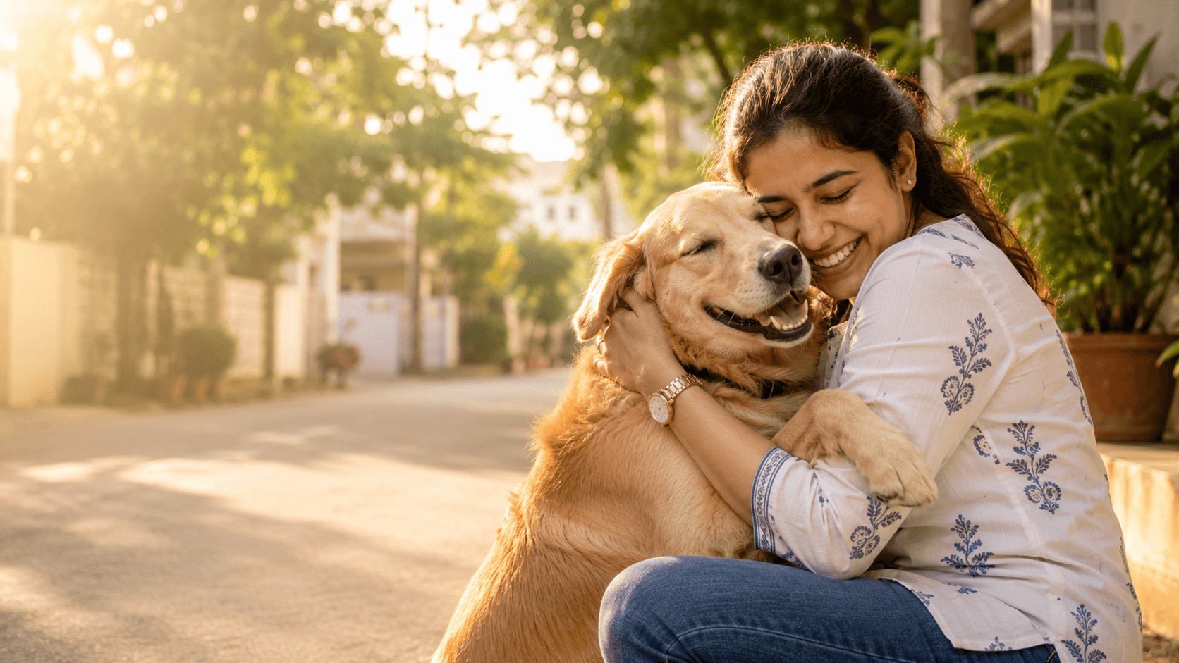 A woman hugging her golden retriever on a sunlit street